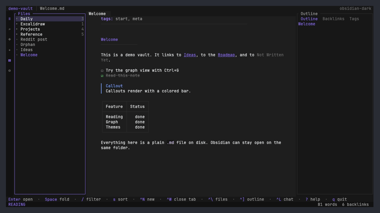 A recording of Emeraldian: walking down the file explorer, opening a note, cycling the right pane to backlinks, opening the force-directed graph, opening an Excalidraw drawing and a note with a picture in it, then switching themes.